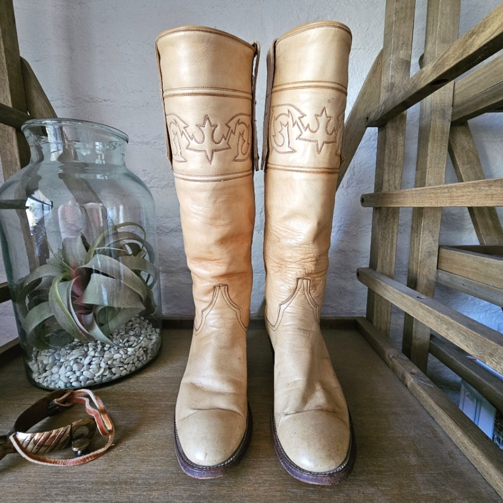 VTG Larry Mahan Tall Leather Western Boots Untouched Patina Made in Texas Sz 7 - Picture 5 of 12